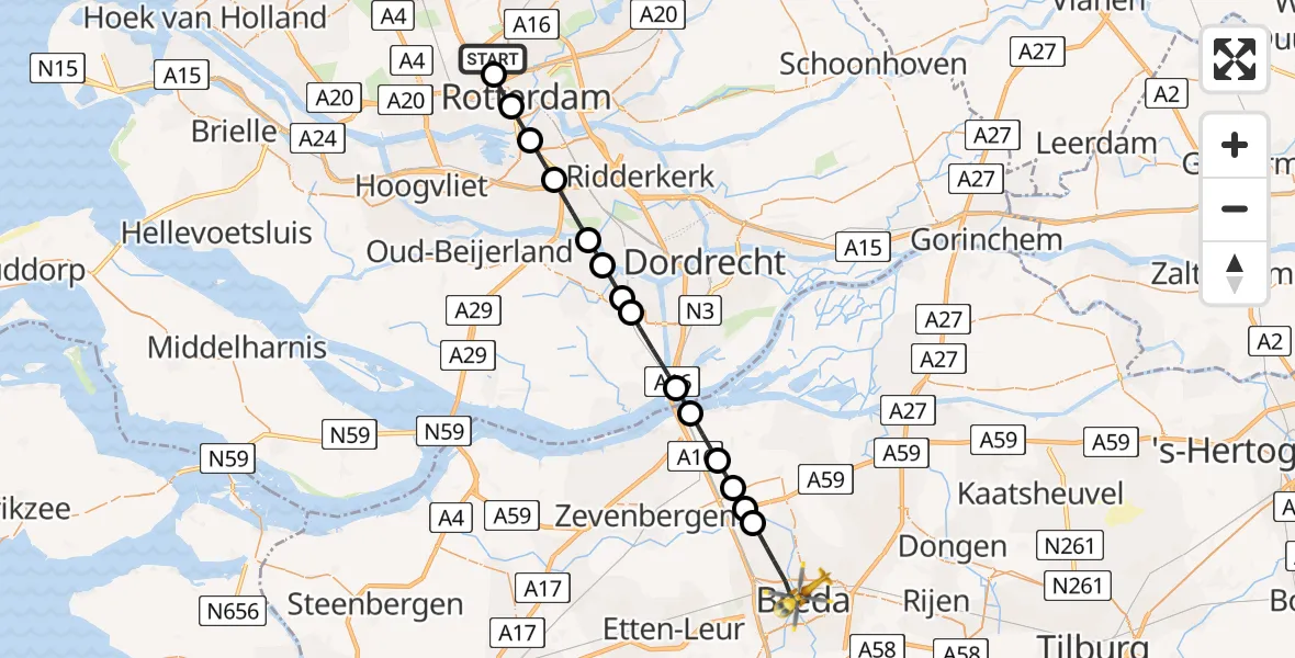 Vluchtroute Traumahelikopter van Rotterdam The Hague Airport naar Breda