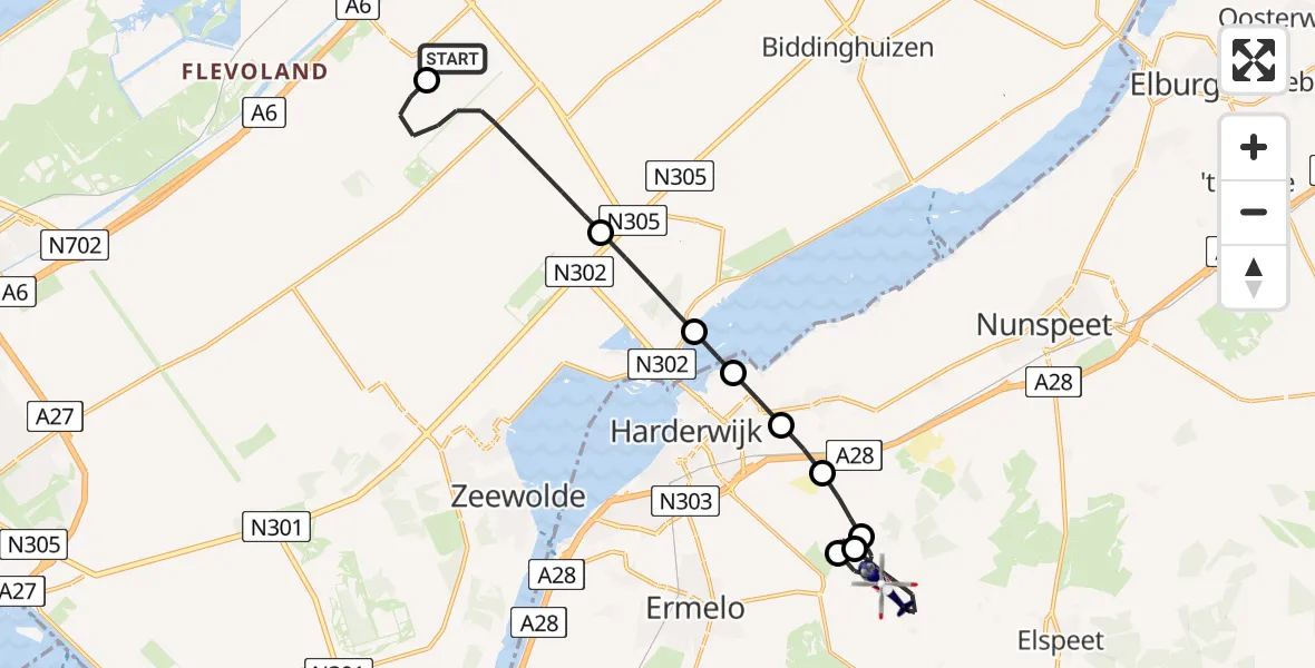 Vluchtroute Politiehelikopter van Lelystad Airport naar Ermelo