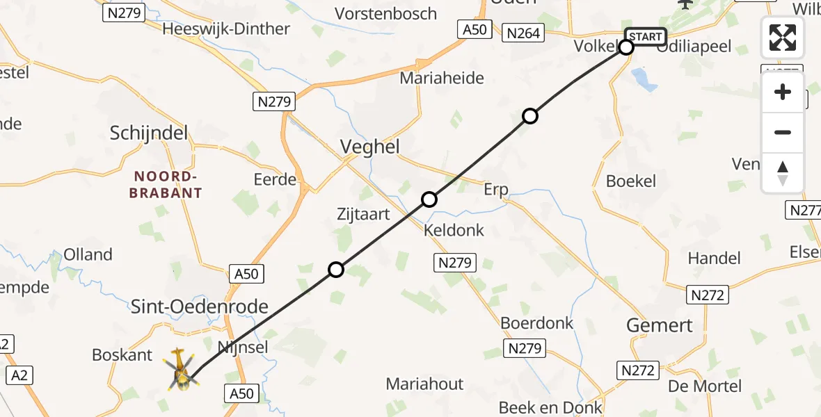 Vluchtroute Traumahelikopter van Vliegbasis Volkel naar Sint-Oedenrode