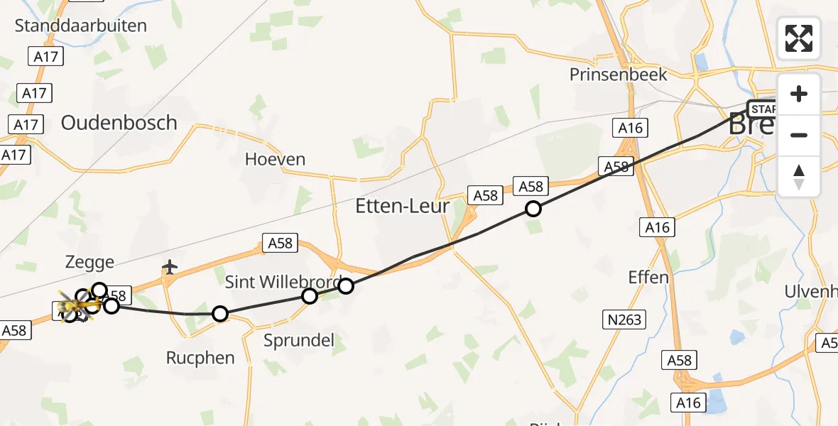 Vluchtroute Traumahelikopter van Breda naar Zegge