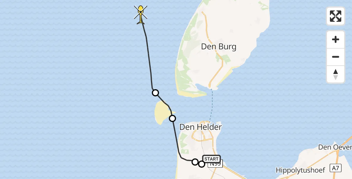 Routekaart van de vlucht: Kustwachthelikopter naar Kortevliet