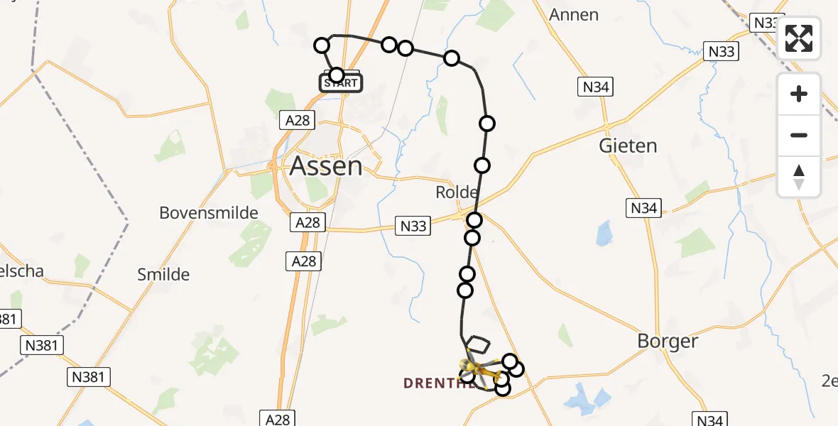 Vluchtroute Traumahelikopter van Assen naar Grolloo