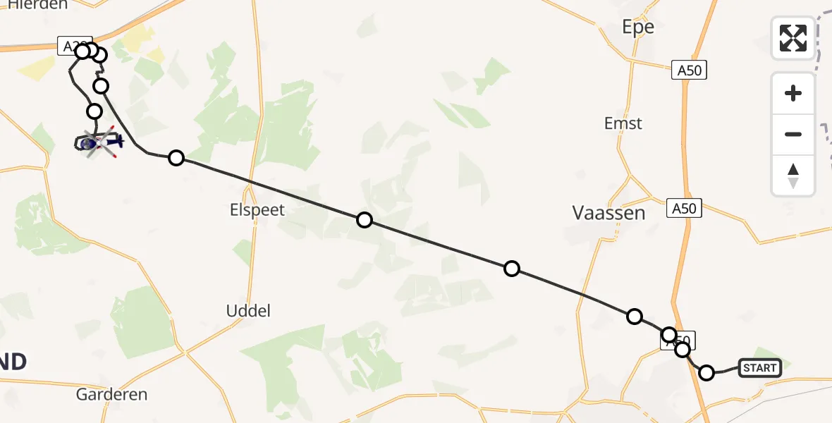 Vluchtroute Politiehelikopter van Vliegveld Teuge naar Ermelo