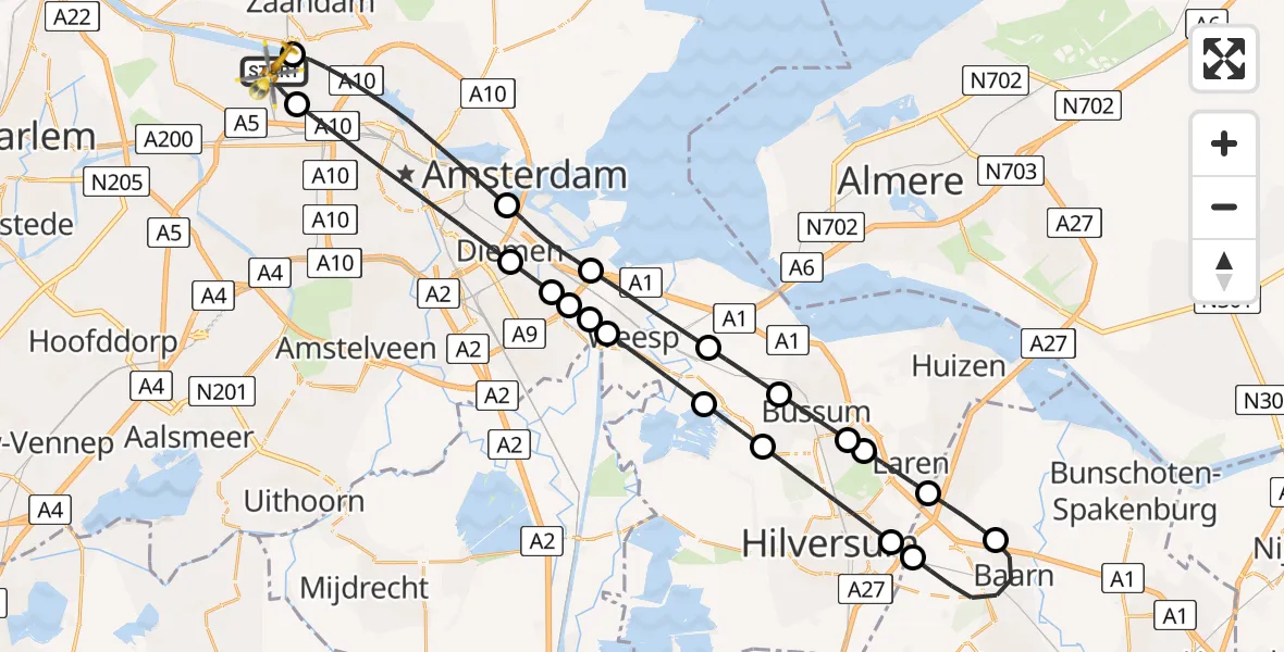 Vluchtroute Traumahelikopter van Amsterdam Heliport naar Amsterdam Heliport