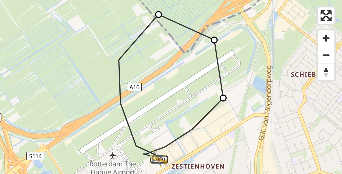 Vluchtroute Traumahelikopter van Rotterdam The Hague Airport naar Rotterdam The Hague Airport