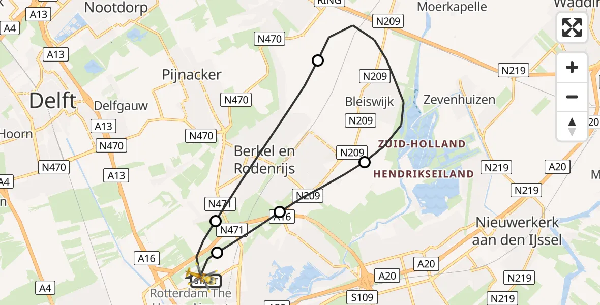 Vluchtroute Traumahelikopter van Rotterdam The Hague Airport naar Rotterdam The Hague Airport