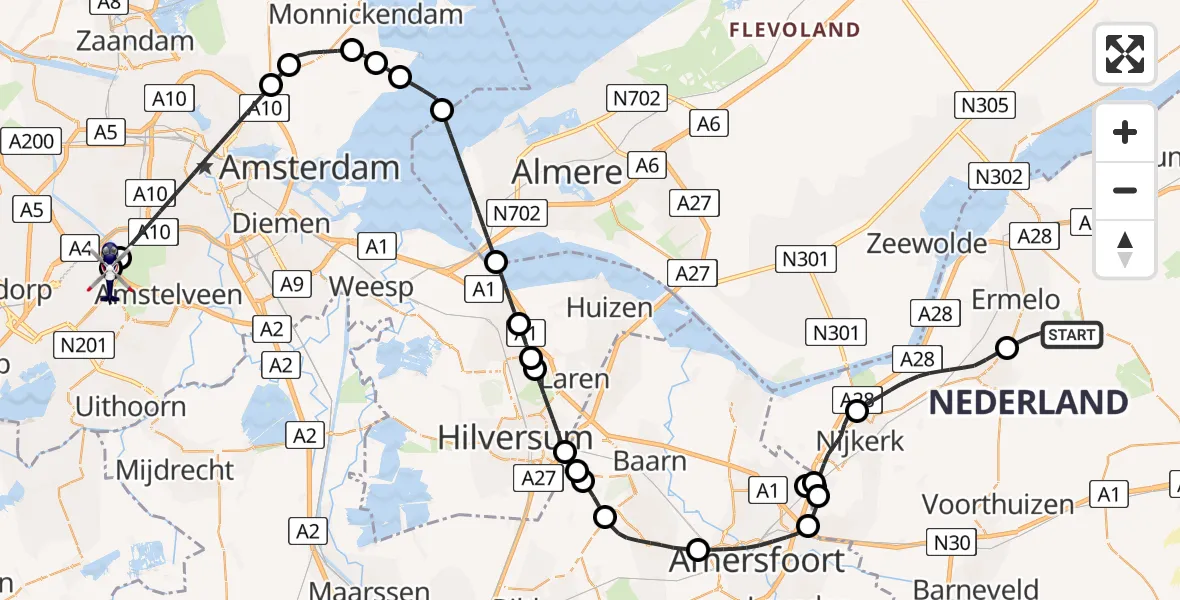 Vluchtroute Politiehelikopter van Ermelo naar Schiphol