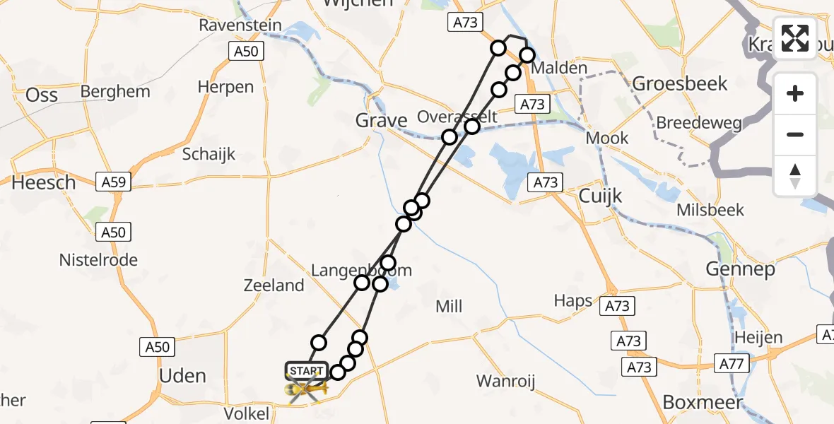 Vluchtroute Traumahelikopter van Vliegbasis Volkel naar Vliegbasis Volkel