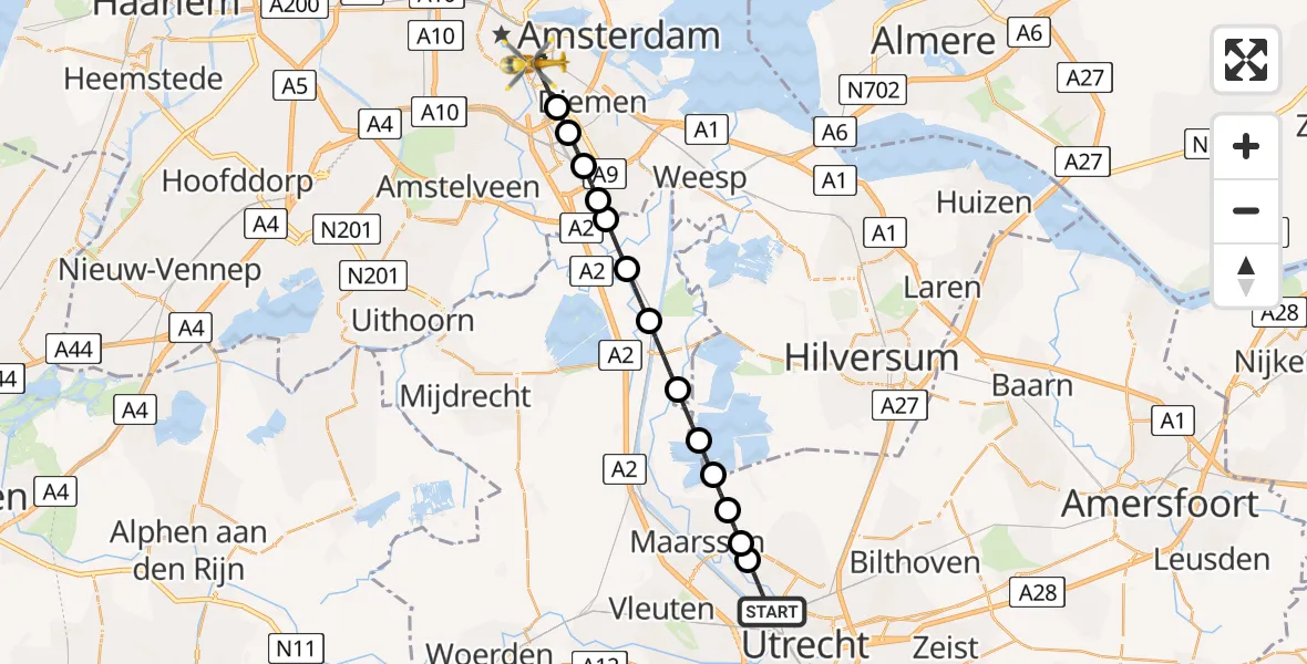 Vluchtroute Traumahelikopter van Utrecht naar Amsterdam