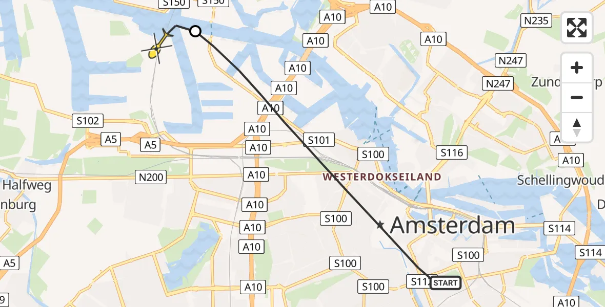 Routekaart van de vlucht: Lifeliner 1 naar Amsterdam Heliport, Blauwbrug