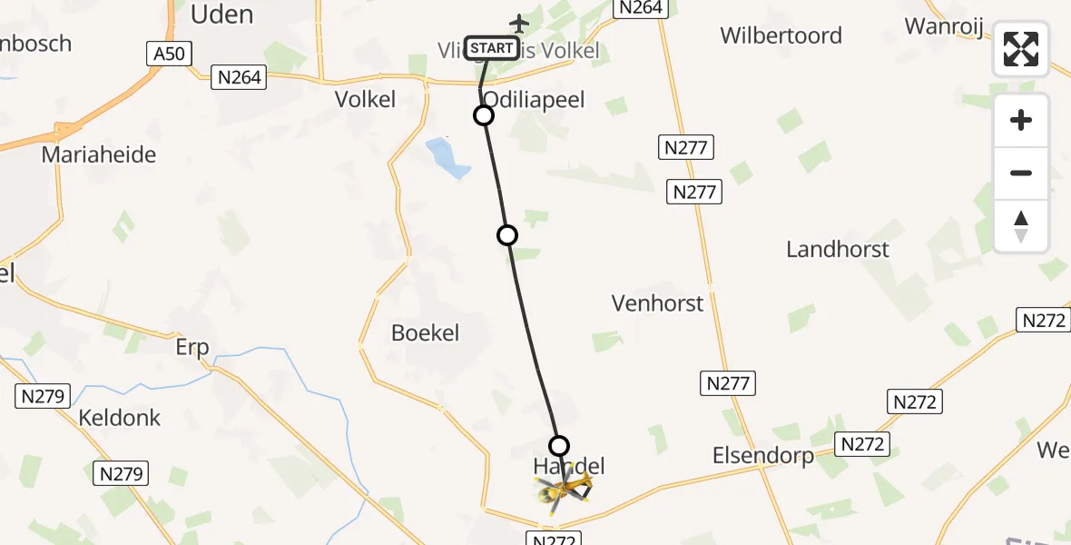 Vluchtroute Traumahelikopter van Vliegbasis Volkel naar Handel