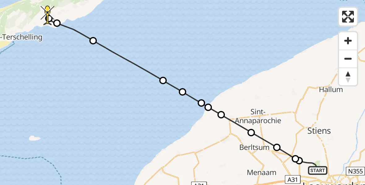 Routekaart van de vlucht: Ambulancehelikopter naar Midsland, Keegsdijkje