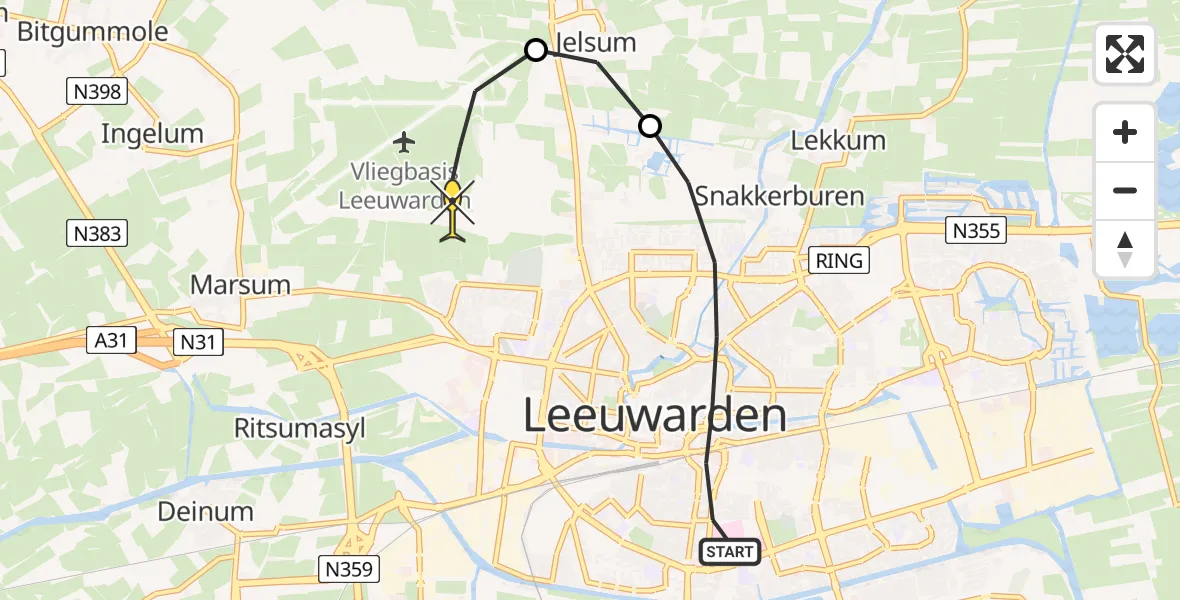 Routekaart van de vlucht: Ambulanceheli naar Vliegbasis Leeuwarden, Nieuwe Oosterstraat
