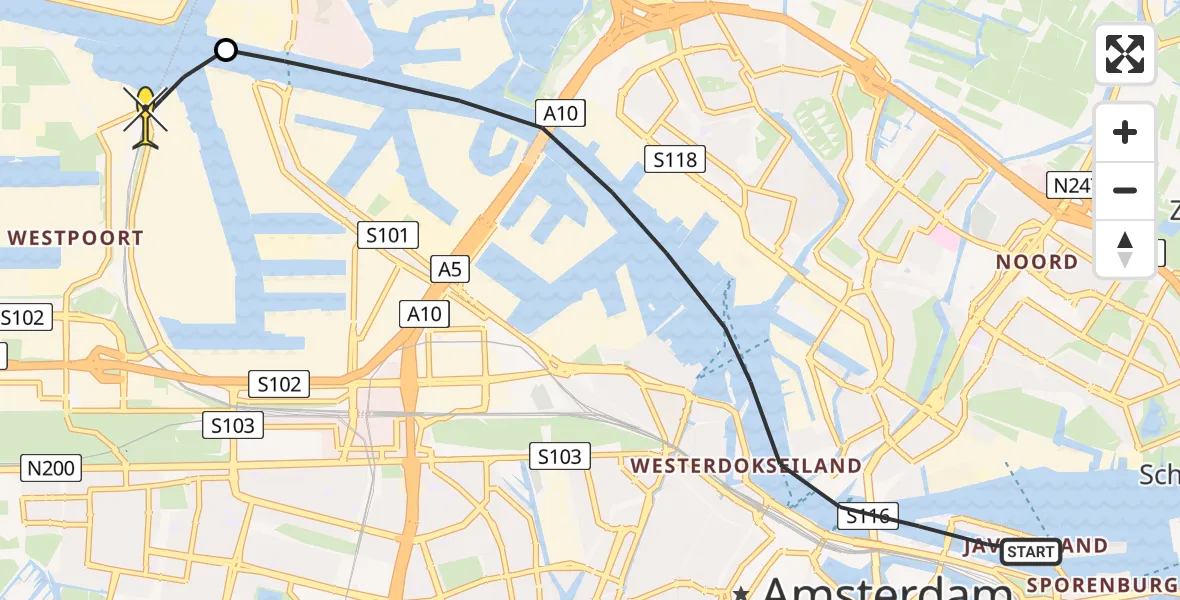 Routekaart van de vlucht: Lifeliner 1 naar Amsterdam Heliport, Javakade