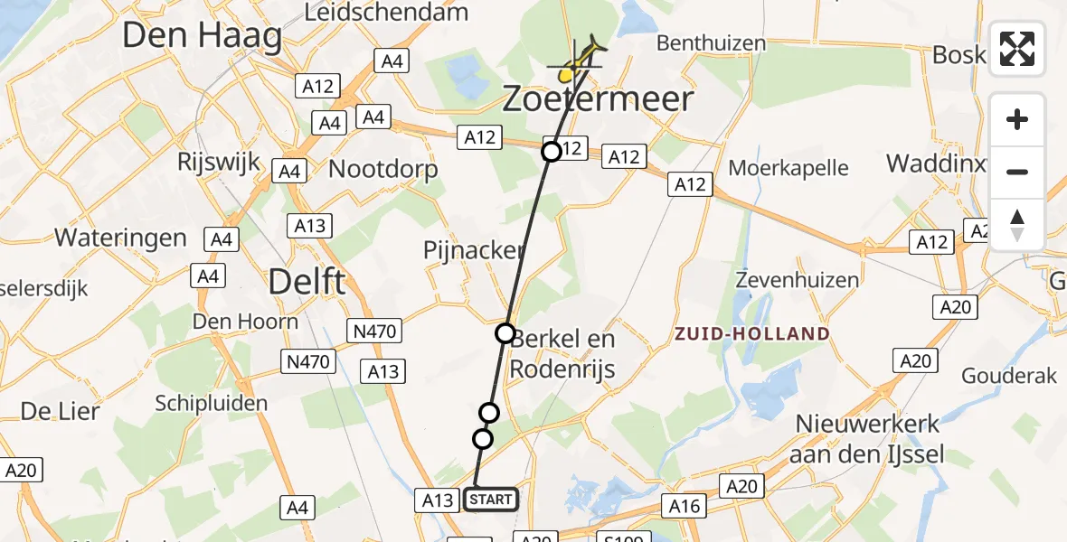 Routekaart van de vlucht: Lifeliner 2 naar Zoetermeer, A16 Rotterdam