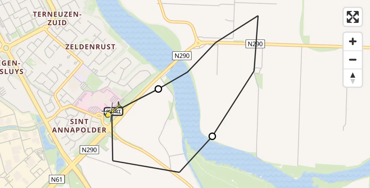 Routekaart van de vlucht: Kustwachthelikopter naar Terneuzen, Kraagdijk