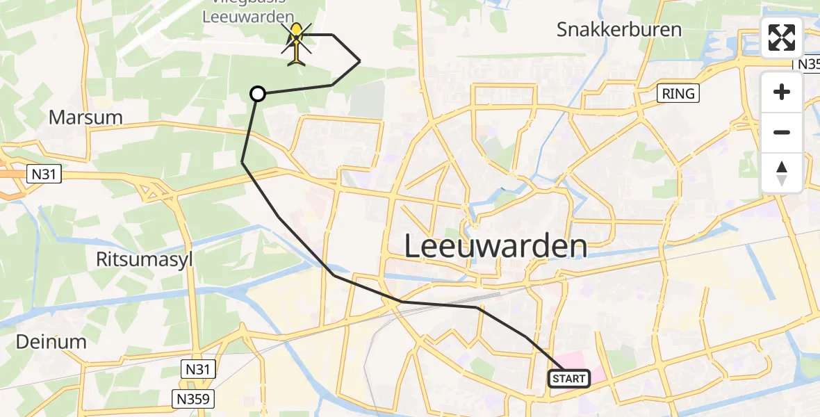 Routekaart van de vlucht: Ambulancehelikopter naar Vliegbasis Leeuwarden, Wijnhornsterstraat