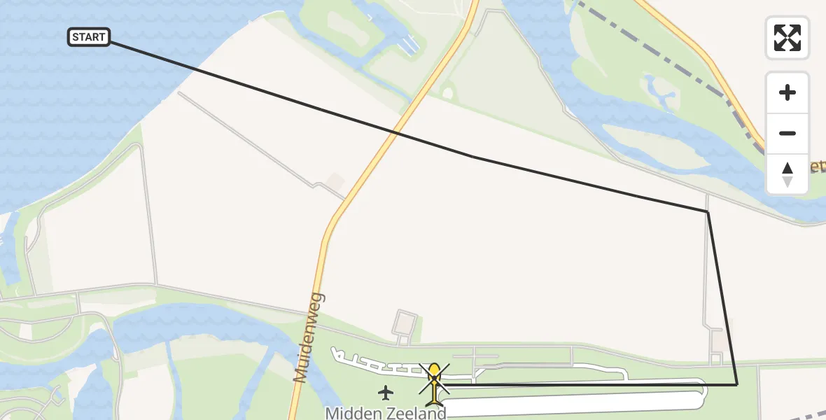 Routekaart van de vlucht: Kustwachthelikopter naar Vliegveld Midden-Zeeland, Muidenweg