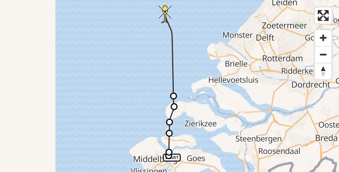 Routekaart van de vlucht: Kustwachthelikopter naar Hooidijk