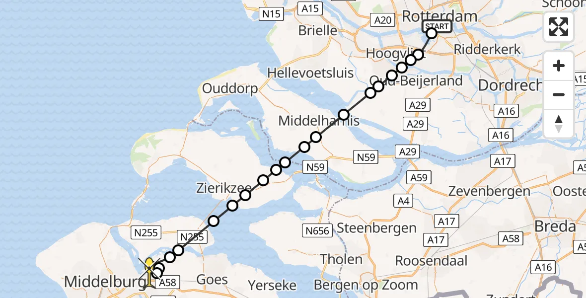 Routekaart van de vlucht: Kustwachthelikopter naar Vliegveld Midden-Zeeland, Nijmegenstraat