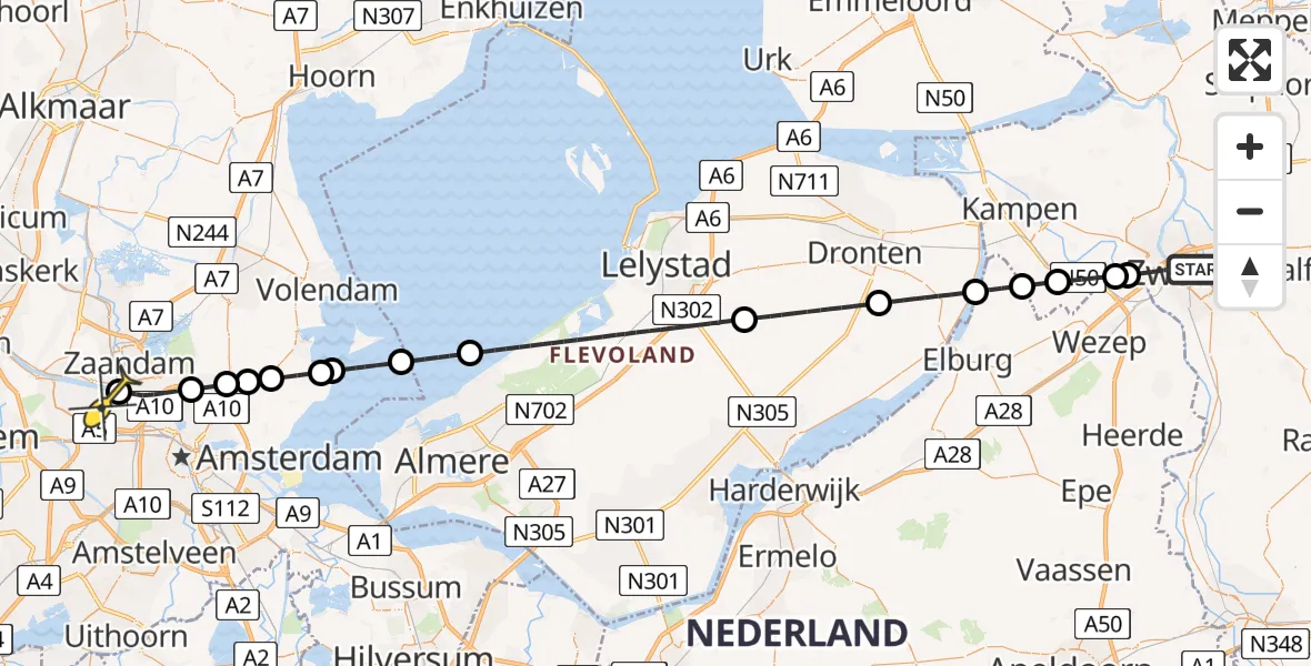 Routekaart van de vlucht: Lifeliner 1 naar Amsterdam Heliport, Groot Wezenland