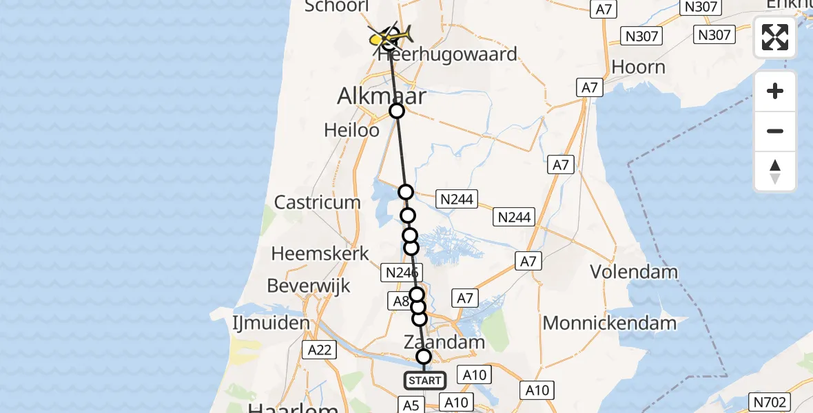 Routekaart van de vlucht: Lifeliner 1 naar Koedijk, Albert Heijn Distributiecentrum