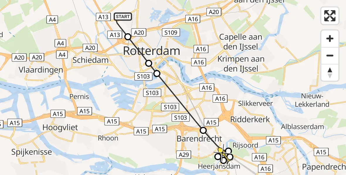 Routekaart van de vlucht: Lifeliner 2 naar Heerjansdam, Schipholstraat