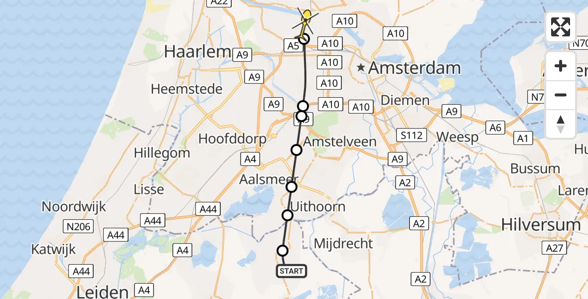 Routekaart van de vlucht: Lifeliner 1 naar Amsterdam Heliport, Vijfbruggenpad