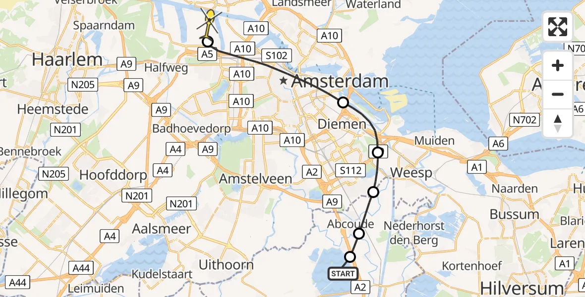 Routekaart van de vlucht: Lifeliner 1 naar Amsterdam Heliport, Lipariweg
