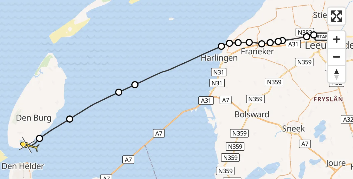 Routekaart van de vlucht: Ambulancehelikopter naar Den Hoorn, Keegsdijkje