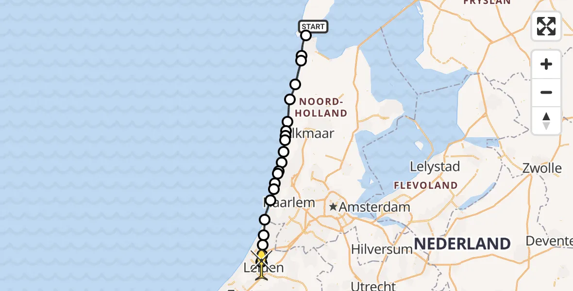 Routekaart van de vlucht: Ambulancehelikopter naar Leiden, Mokbaai