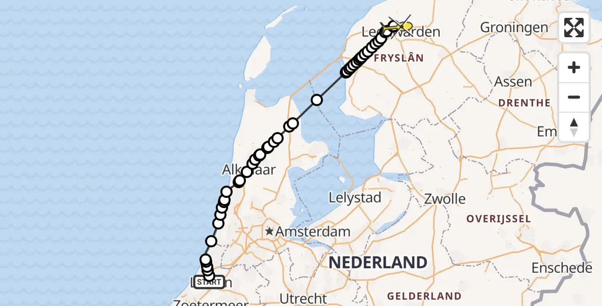 Routekaart van de vlucht: Ambulancehelikopter naar Vliegbasis Leeuwarden, Groene Maredijk