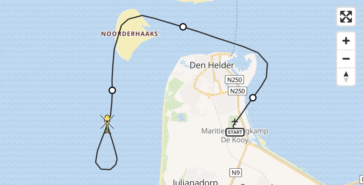 Routekaart van de vlucht: Kustwachthelikopter naar Den Helder, Oostoeverweg