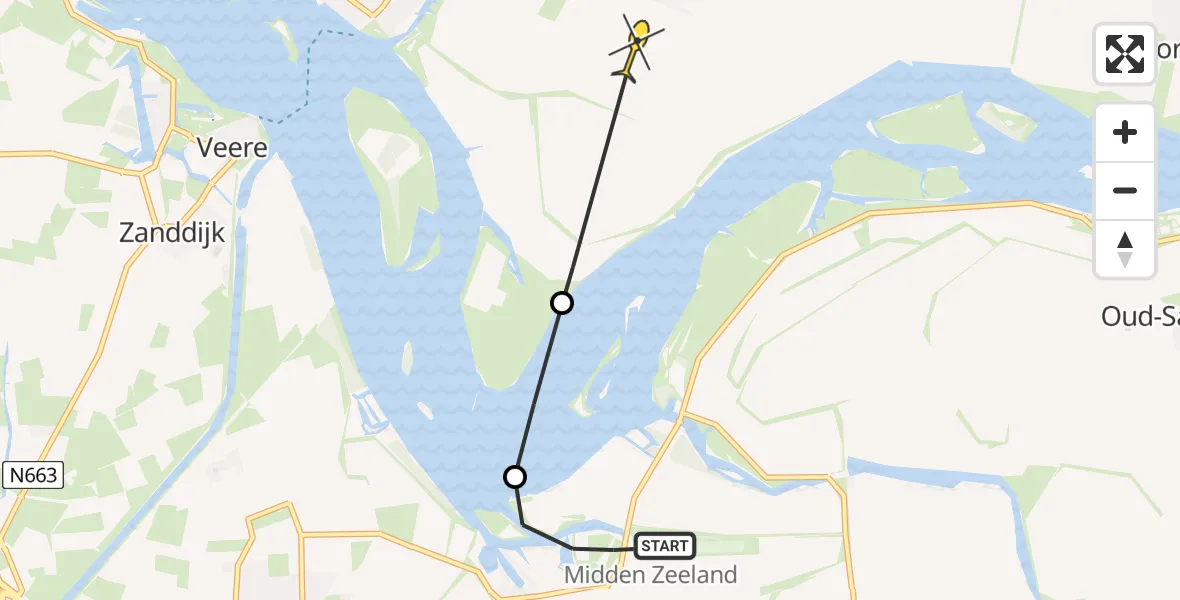 Routekaart van de vlucht: Kustwachthelikopter naar Kamperland, Zeekraal