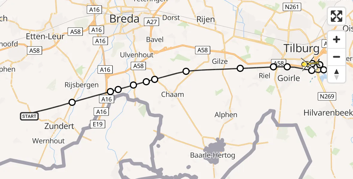 Routekaart van de vlucht: Lifeliner 2 naar Tilburg, Eldertstraat