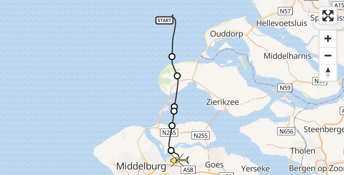 Routekaart van de vlucht: Kustwachthelikopter naar 's-Heer Arendskerke, Batterijweg