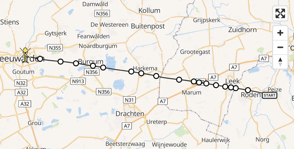 Routekaart van de vlucht: Lifeliner 4 naar Leeuwarden, Oostersingel