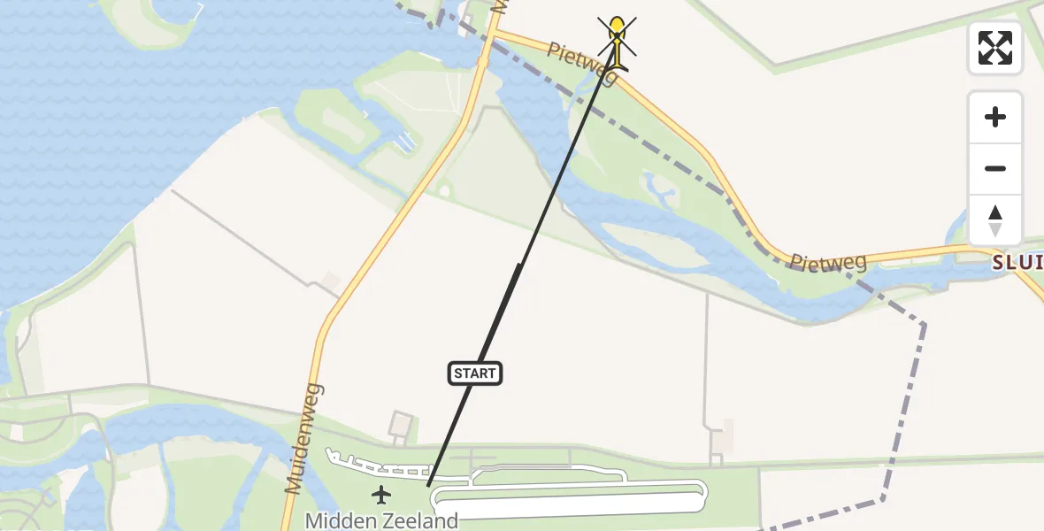 Routekaart van de vlucht: Kustwachthelikopter naar Vliegveld Midden-Zeeland, Pietweg