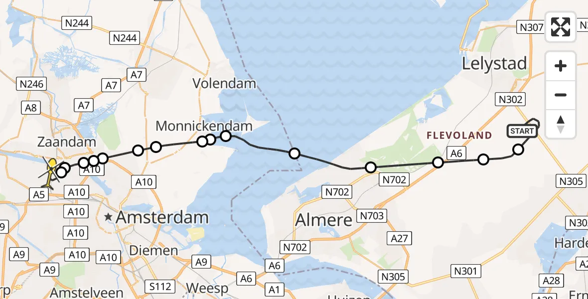 Routekaart van de vlucht: Lifeliner 1 naar Amsterdam Heliport, Larserweg