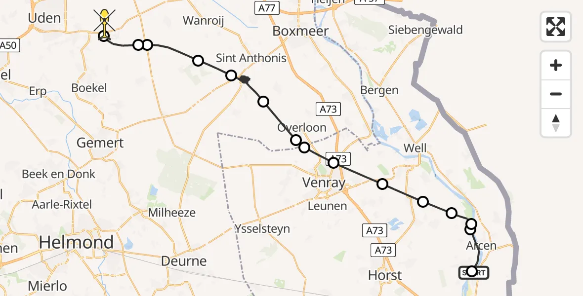 Routekaart van de vlucht: Politieheli naar Vliegbasis Volkel, Maasstraat