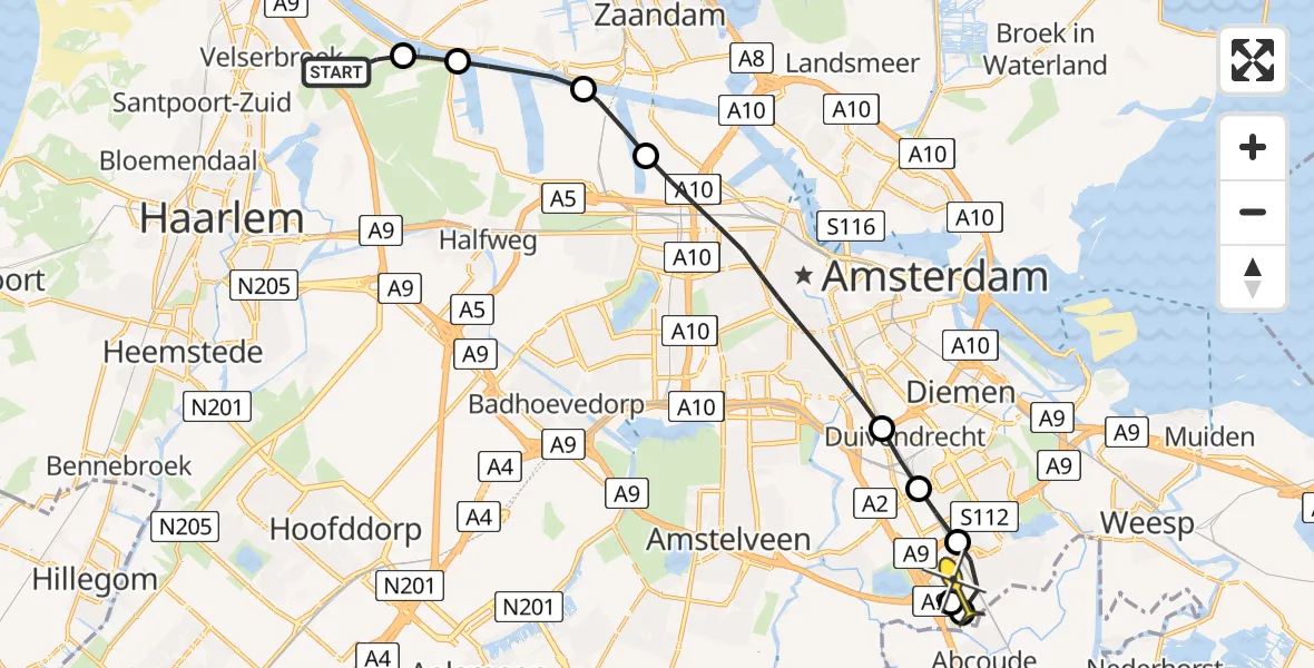 Routekaart van de vlucht: Lifeliner 1 naar Academisch Medisch Centrum (AMC), Droompark Buitenhuizen