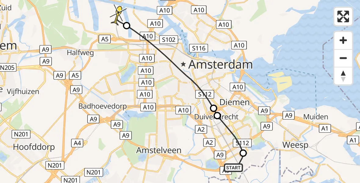Routekaart van de vlucht: Lifeliner 1 naar Amsterdam Heliport, Keizersgracht