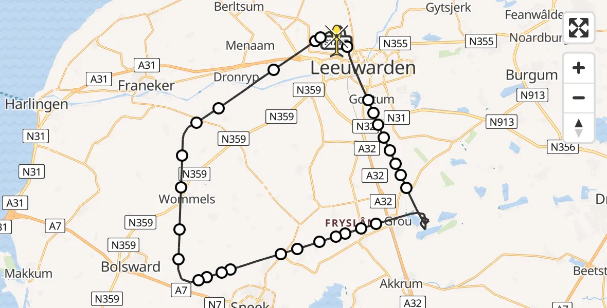 Routekaart van de vlucht: Ambulancehelikopter naar Vliegbasis Leeuwarden, Keegsdijkje