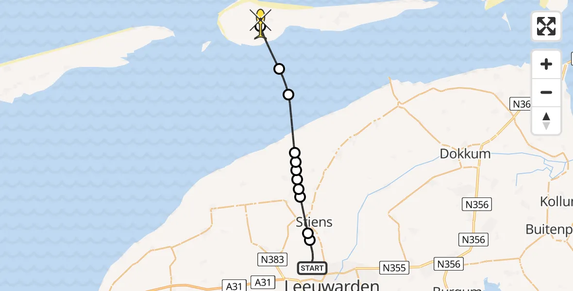 Routekaart van de vlucht: Ambulanceheli naar Ameland Airport Ballum, Keegsdijkje