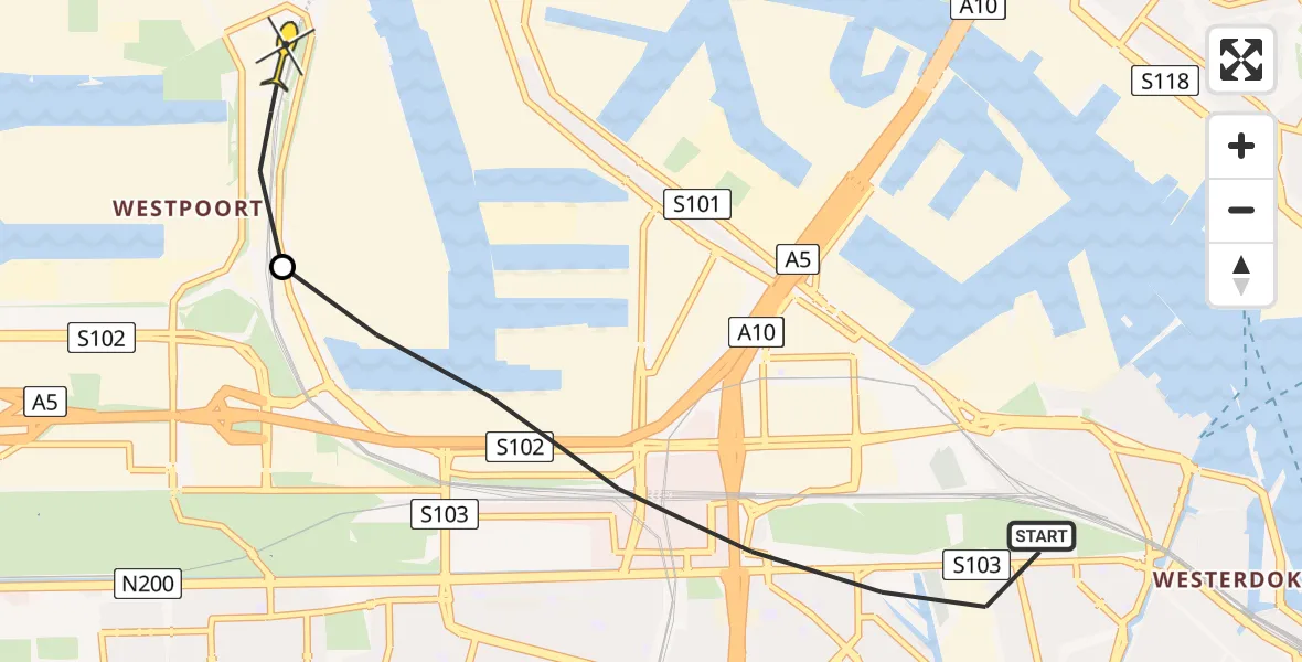 Routekaart van de vlucht: Lifeliner 1 naar Amsterdam Heliport, Nieuwpoortstraat
