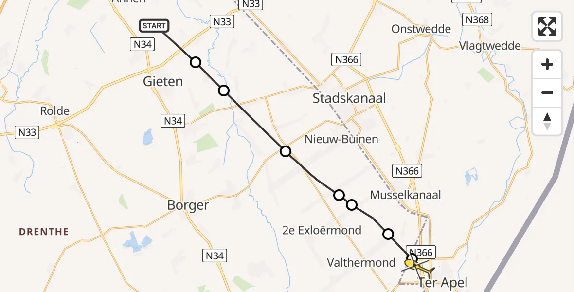 Routekaart van de vlucht: Lifeliner 4 naar Ter Apel, Osseveensdijk