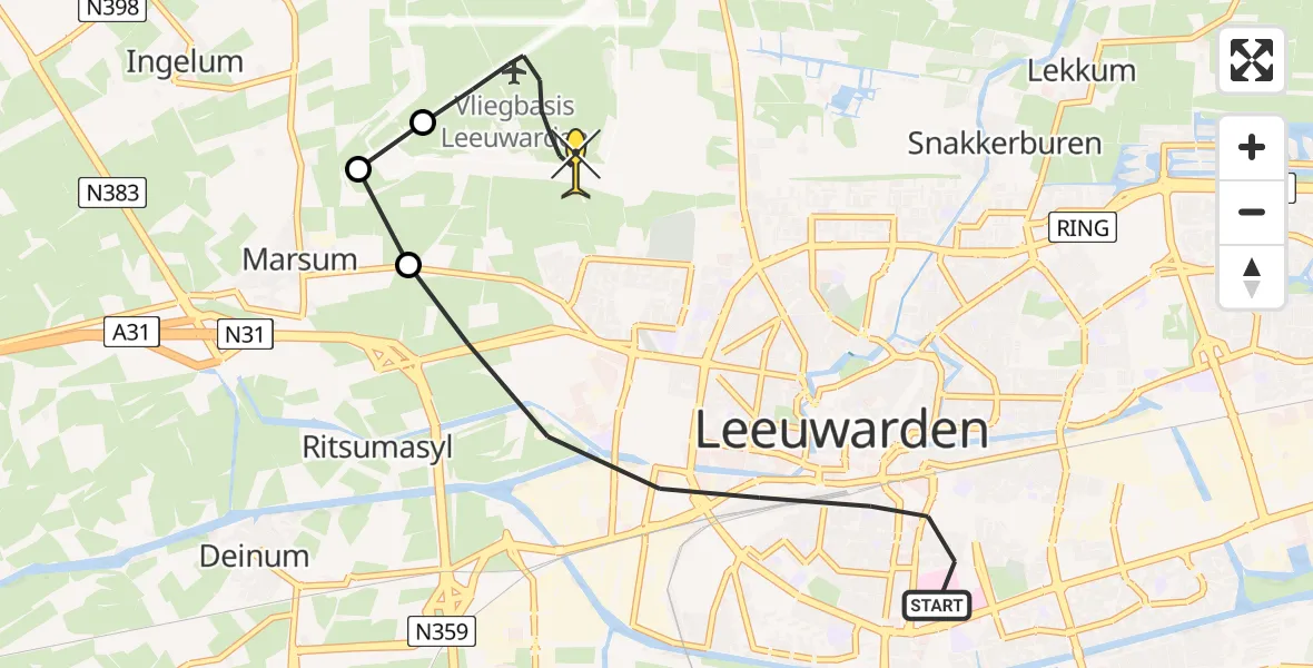 Routekaart van de vlucht: Ambulanceheli naar Vliegbasis Leeuwarden, Leeuwarderstraat