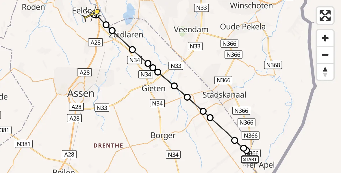 Routekaart van de vlucht: Lifeliner 4 naar Groningen Airport Eelde, 2e Valthermond