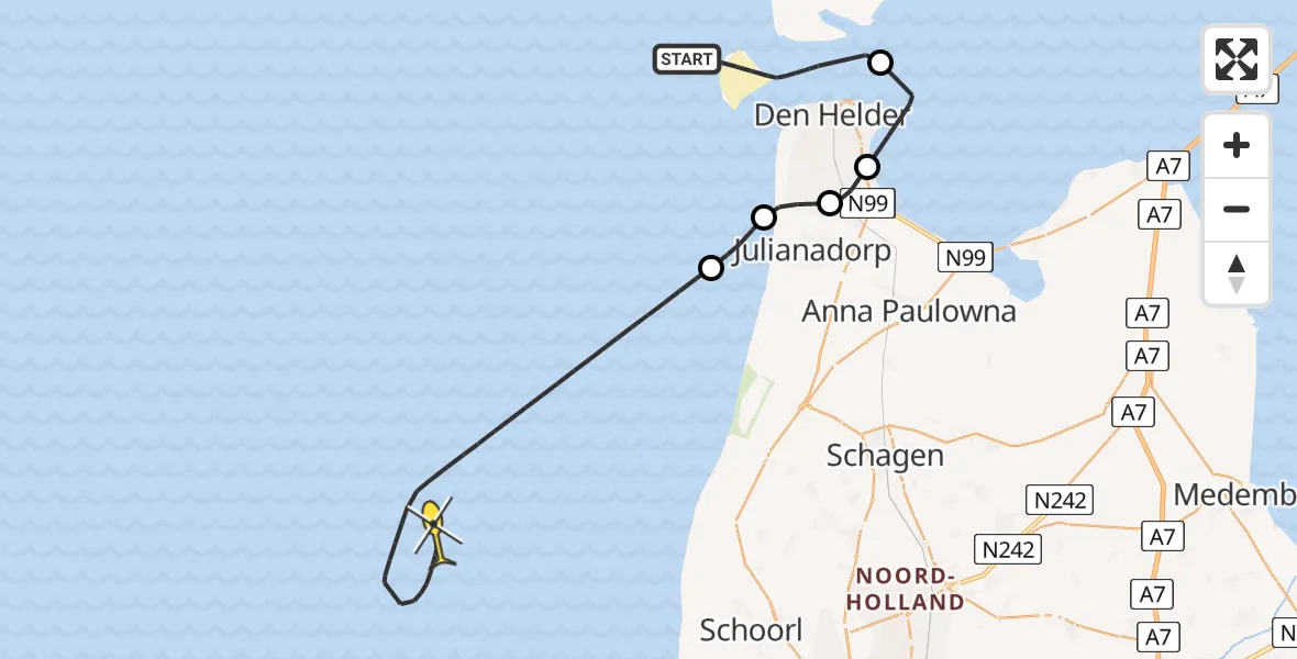 Routekaart van de vlucht: Kustwachthelikopter naar Noorderhaaks