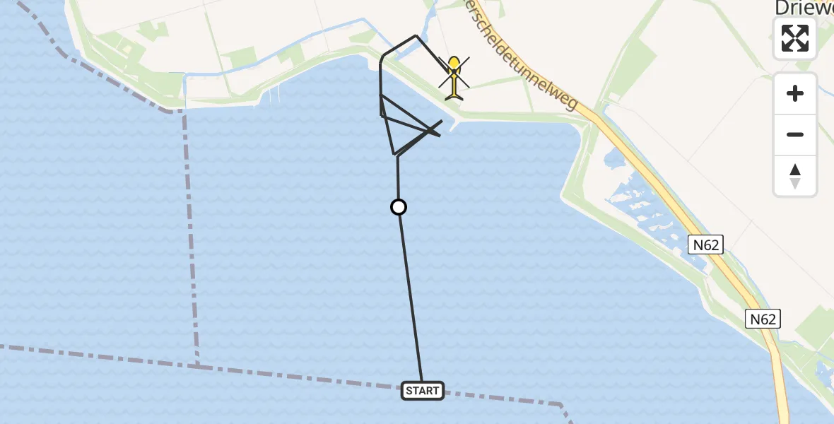 Routekaart van de vlucht: Kustwachthelikopter naar Borssele, Zeedijk